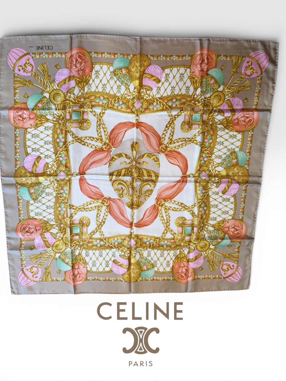 Celine Silk Scarf in Taupe, Pink & Mint with Gold Motif